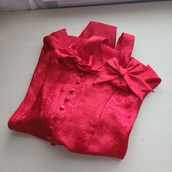 VTG Victoria’s Secret Gold Label Red Satin Jacquard Teddy M Lace Bows Holiday - Picture 9 of 12